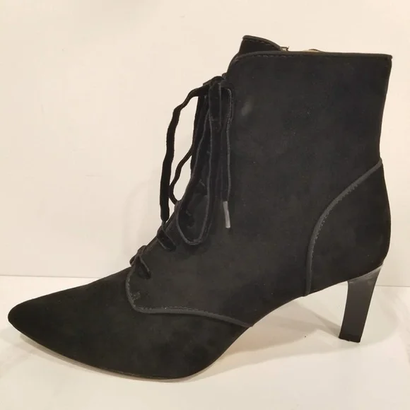 AD & Daughters Black Suede Lace Up Zip Ankle Boots Pointed Toe Heels Womens - Picture 6 of 11